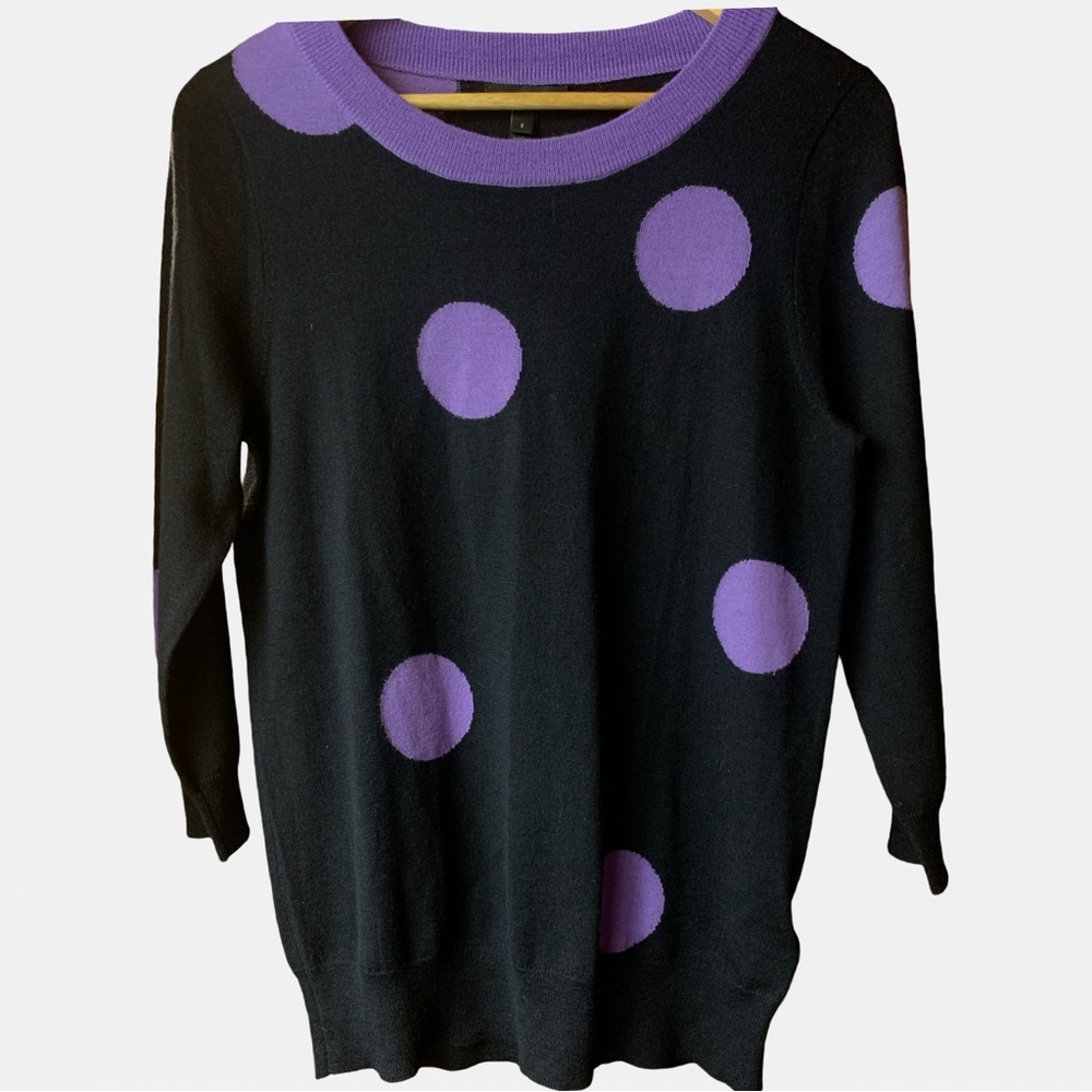 J. Crew Black Crewneck Sweater with Purple Polka Dots